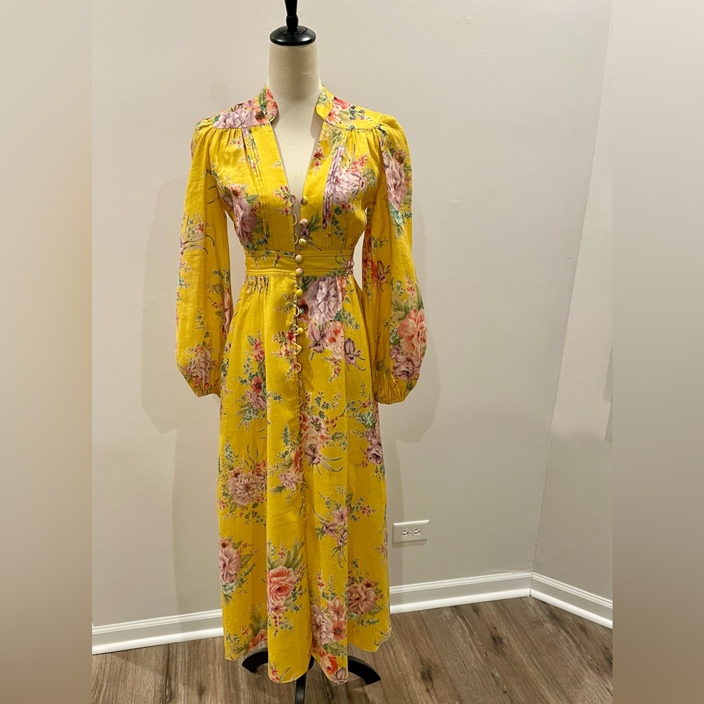 Zimmermann Yellow Floral Button-Front Midi Dress